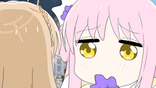 a cartoon of a girl with pink hair and a purple flower in her hair