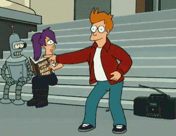 a cartoon of fry dancing with bender and a book that says dance on the rocks