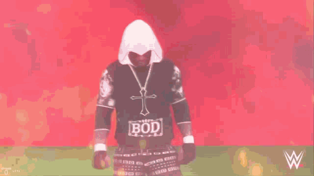 a man wearing a hooded shirt with the word bod on it