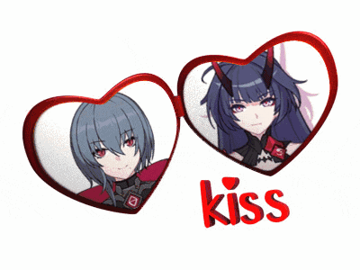 a couple of hearts with the word kiss in red
