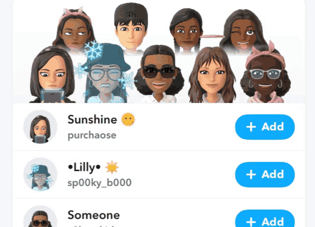 a screenshot of a snapchat app shows a group of cartoon characters including sunshine purchase and lilly