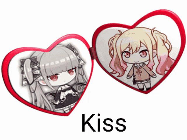 a heart shaped mirror with two anime girls on it and the word kiss below it