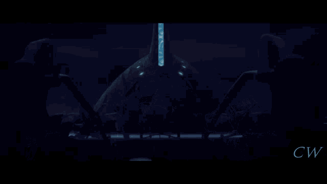 a clone trooper stands in front of a city skyline with the letters cw on the bottom