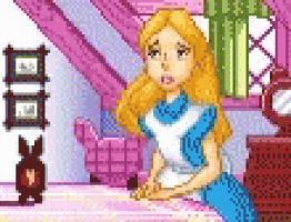 alice from alice in wonderland is sitting on a bed in a pixel art .