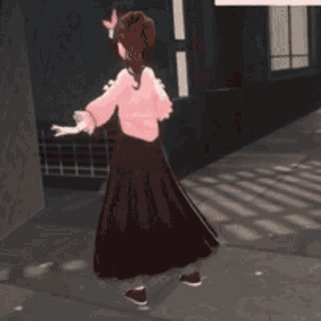 a girl in a pink top and black skirt is dancing
