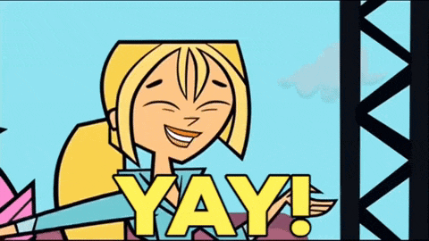 a cartoon girl is smiling and holding up a sign that says yay