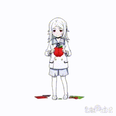 a girl with white hair is holding a red tomato