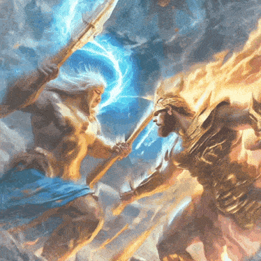 a painting of a man holding a spear and another man holding a torch