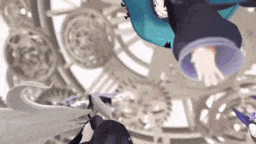 a couple of anime characters are flying through the air .