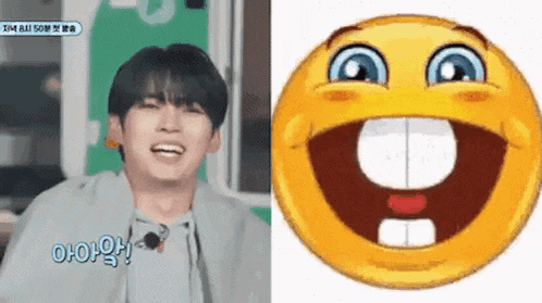 a man is smiling next to a smiley face with a big smile on it .
