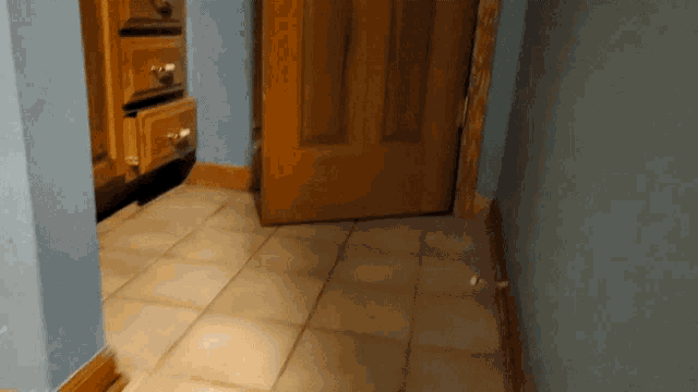 a hallway with a tiled floor and a door