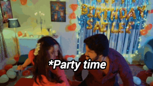 a man and a woman are dancing in a room with balloons and the words party time written on the bottom