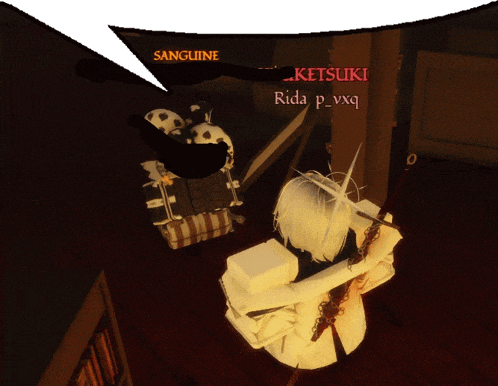 a screenshot of a video game with a speech bubble that says sanguine