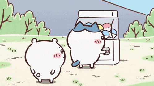 two cartoon characters standing next to each other in front of a candy machine