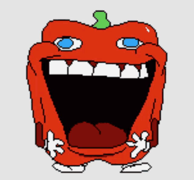 a pixel art drawing of a red pepper with a big mouth