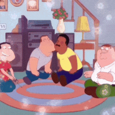 a group of cartoon characters are sitting around a rug