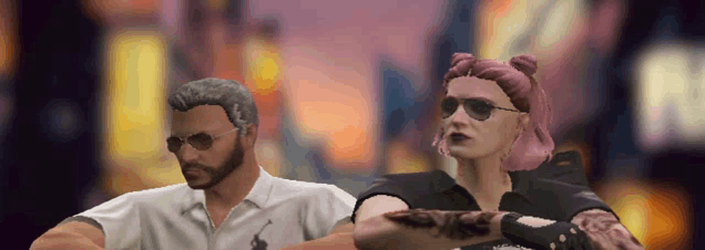 a man and a woman are standing next to each other and the woman has pink hair