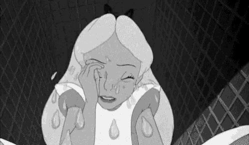 a black and white cartoon of alice from alice in wonderland crying .