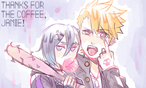 a drawing of a man and a girl with the words thanks for the coffee jamie