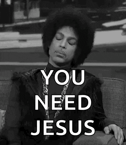 prince is sitting on a couch with his eyes closed and says `` you need jesus '' in a black and white photo .