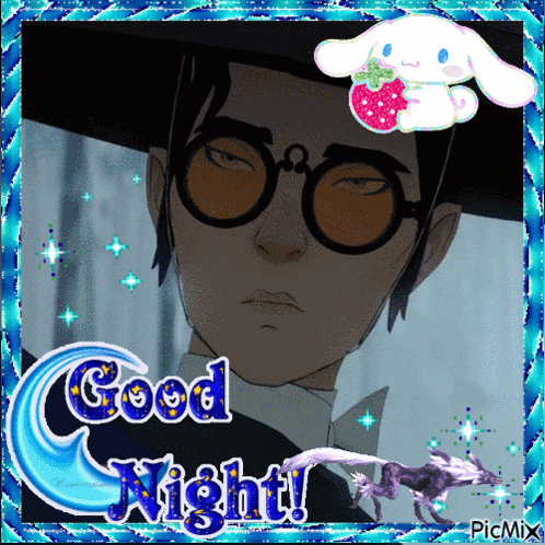 a picture of a man wearing glasses and a hat with the words good night on it
