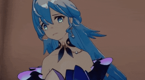 a cartoon character with blue hair is making a face with her hands