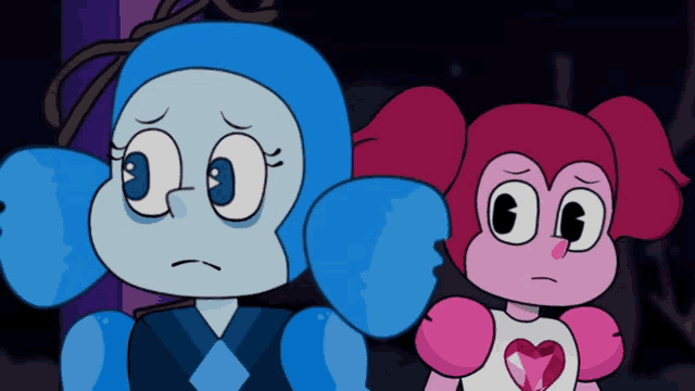 a blue cartoon character and a pink cartoon character with a heart on their shirt