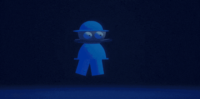 a blue cartoon character with a hat and pants is standing in the dark