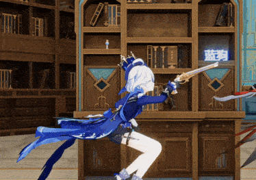 a video game character holding a gun in front of a bookshelf