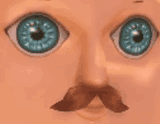 a close up of a doll 's face with blue eyes and a brown mustache .