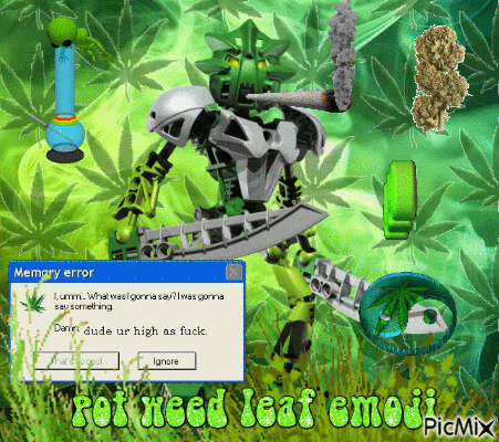a picture of a robot with a marijuana leaf and a memory error