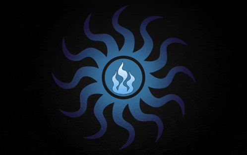 a blue sun with a flame in the middle