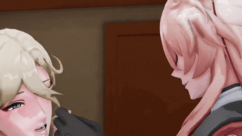 two anime characters are looking at each other in front of a brown door