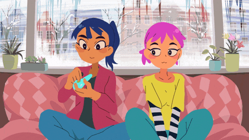 a cartoon of two girls sitting on a couch with a window in the background