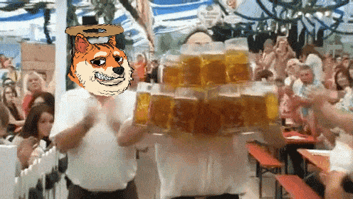 a doge with a top hat is holding a stack of beer