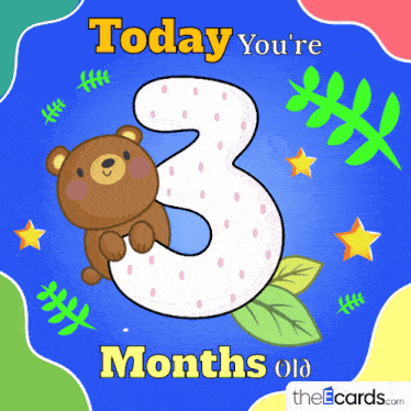 a card that says today you 're 3 months old with a teddy bear