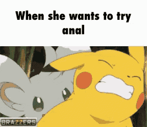 a cartoon of a pikachu and a mouse with the words when she wants to try anal
