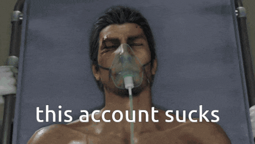 a man wearing an oxygen mask is laying in a hospital bed with the words " this account sucks " below him