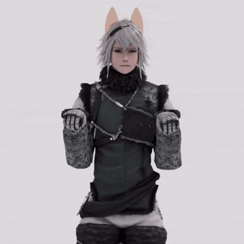 a person wearing a cat costume with ears and chains