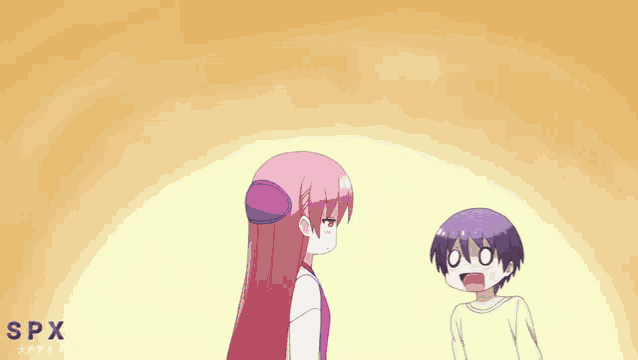 a girl with long pink hair is standing next to a boy with blue hair