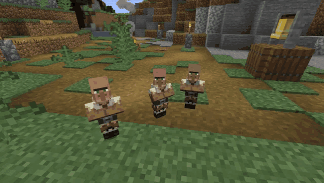 three minecraft villagers are standing in a grassy area