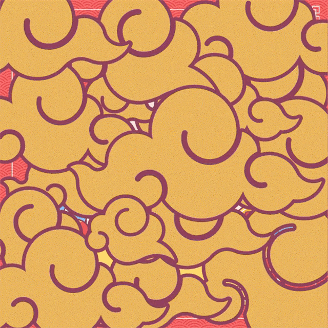 a cartoon drawing of clouds and lanterns with a yellow ribbon