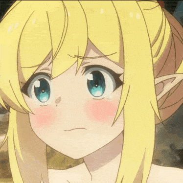 a girl with blonde hair and blue eyes looks sad