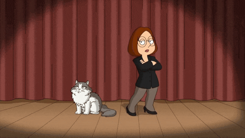 a cartoon of a woman standing next to a cat