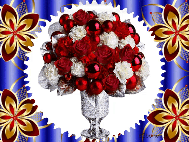 a bouquet of red roses and white carnations in a vase