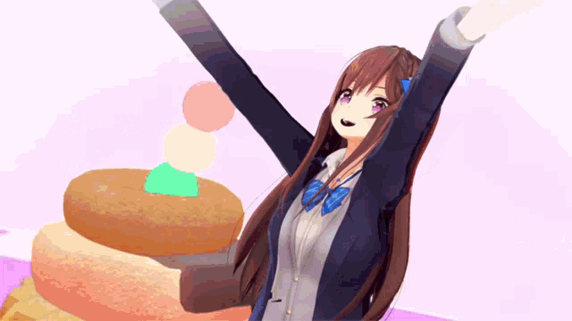 a girl with her arms outstretched is holding a donut