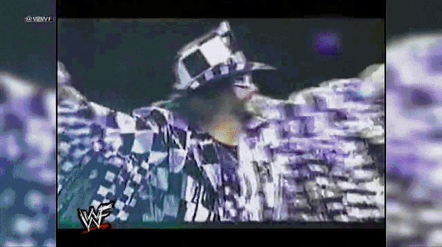 a man in a costume with a wwe logo on the bottom left