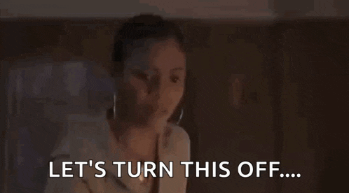a woman is kneeling down in front of a television with the words `` let 's turn this off ... '' .