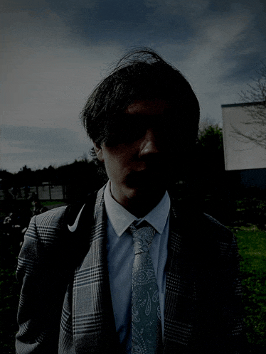 a man in a suit and tie is standing in a field