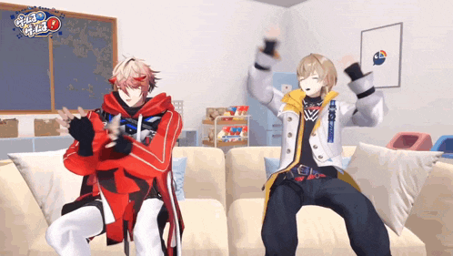 two anime characters are sitting on a couch and dancing